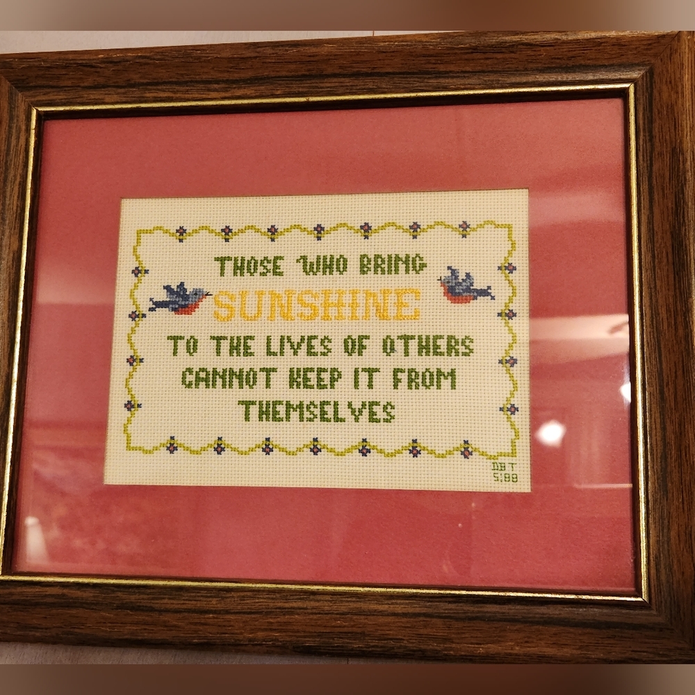 1988 Framed Cross Stitch - Note To 3rd Grade Teacher On Back 🥰